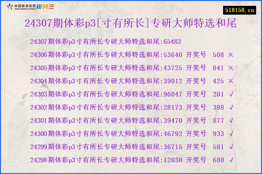 24307期体彩p3[寸有所长]专研大师特选和尾