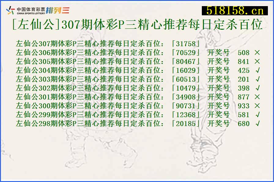 [左仙公]307期体彩P三精心推荐每日定杀百位