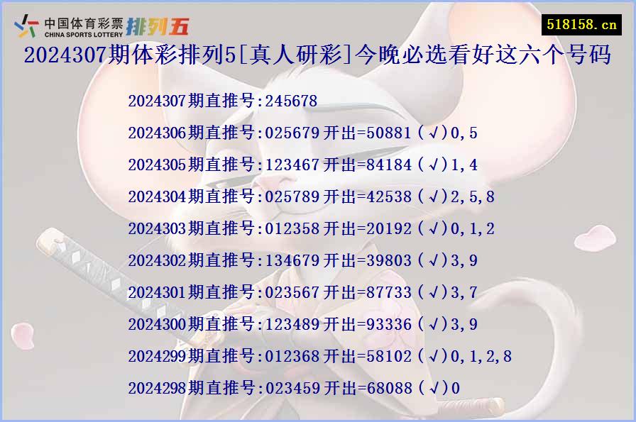 2024307期体彩排列5[真人研彩]今晚必选看好这六个号码