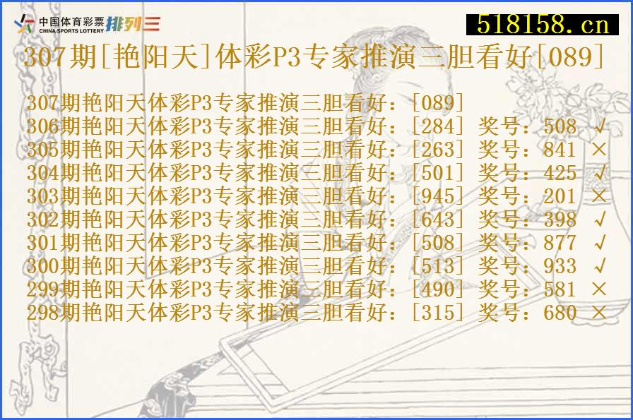 307期[艳阳天]体彩P3专家推演三胆看好[089]