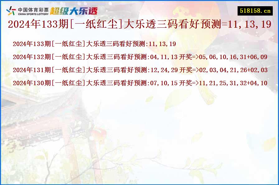 2024年133期[一纸红尘]大乐透三码看好预测=11,13,19