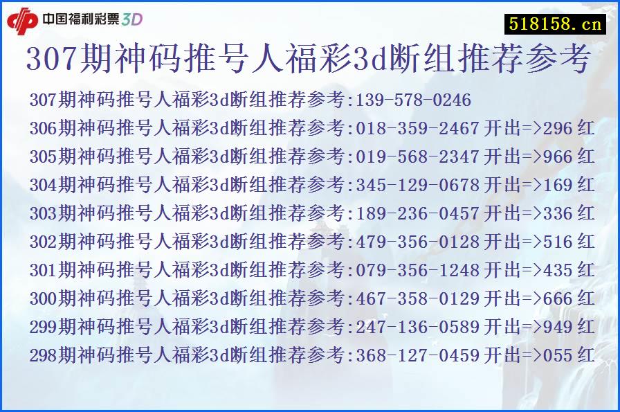 307期神码推号人福彩3d断组推荐参考