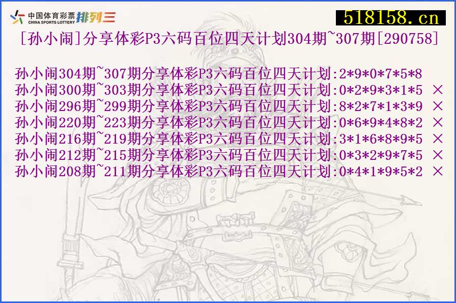 [孙小闹]分享体彩P3六码百位四天计划304期~307期[290758]