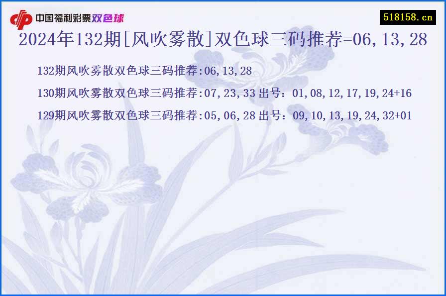 2024年132期[风吹雾散]双色球三码推荐=06,13,28