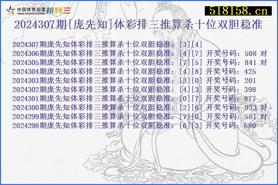 2024307期[庞先知]体彩排三推算杀十位双胆稳准