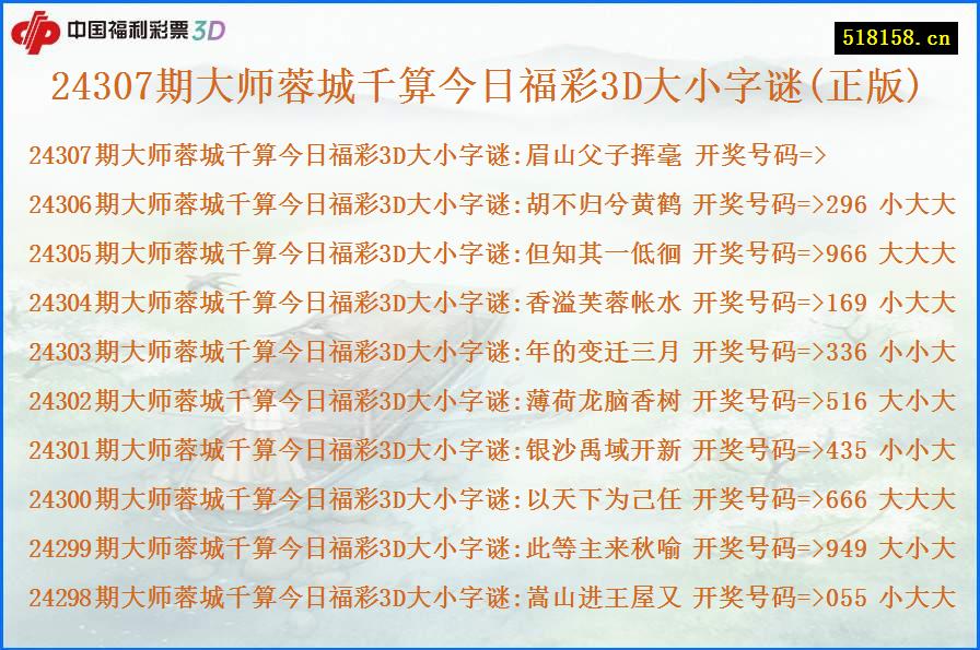 24307期大师蓉城千算今日福彩3D大小字谜(正版)