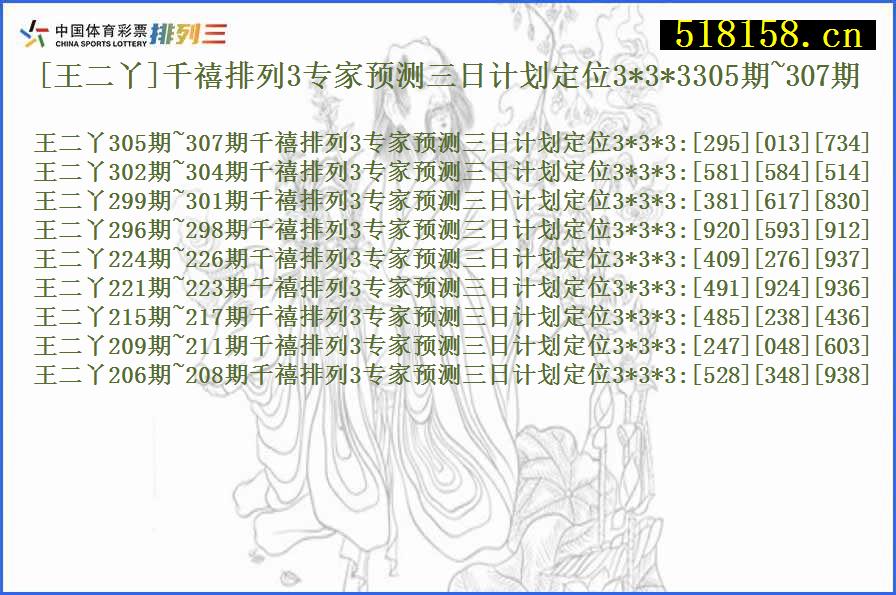 [王二丫]千禧排列3专家预测三日计划定位3*3*3305期~307期