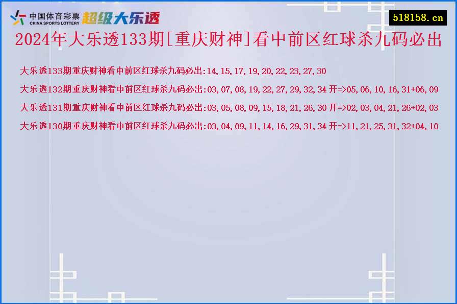 2024年大乐透133期[重庆财神]看中前区红球杀九码必出