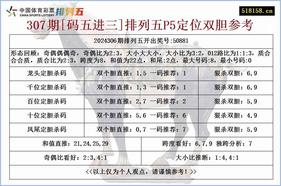 307期[码五进三]排列五P5定位双胆参考