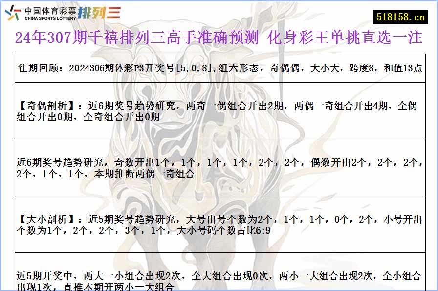 24年307期千禧排列三高手准确预测 化身彩王单挑直选一注