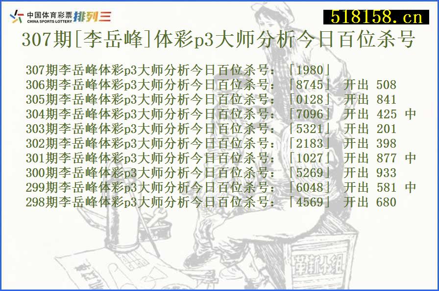 307期[李岳峰]体彩p3大师分析今日百位杀号