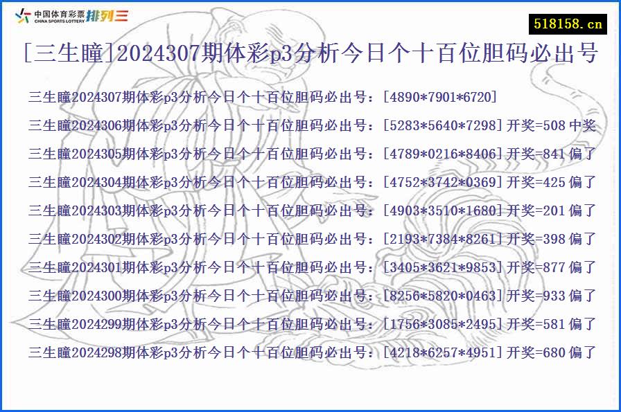 [三生瞳]2024307期体彩p3分析今日个十百位胆码必出号