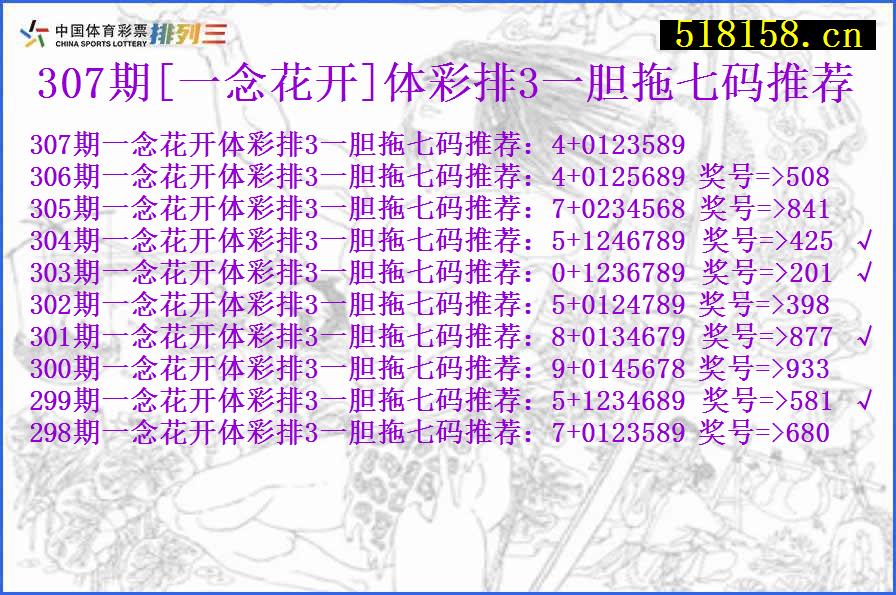 307期[一念花开]体彩排3一胆拖七码推荐