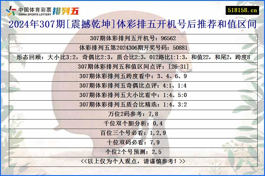 2024年307期[震撼乾坤]体彩排五开机号后推荐和值区间