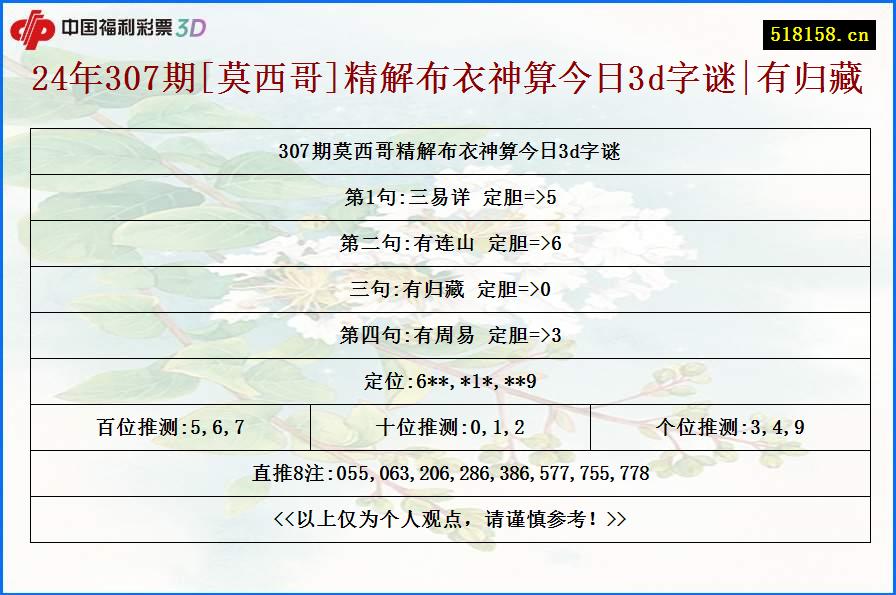 24年307期[莫西哥]精解布衣神算今日3d字谜|有归藏