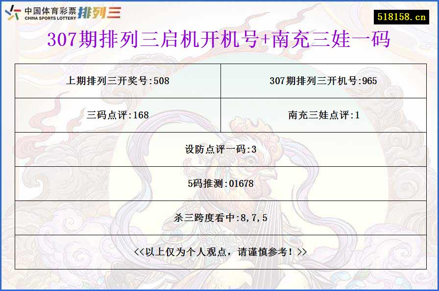 307期排列三启机开机号+南充三娃一码