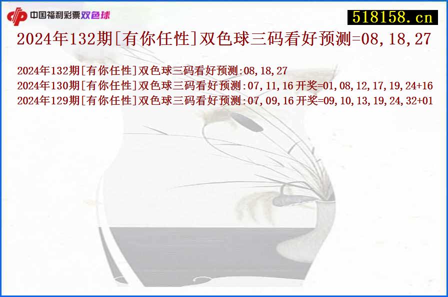 2024年132期[有你任性]双色球三码看好预测=08,18,27