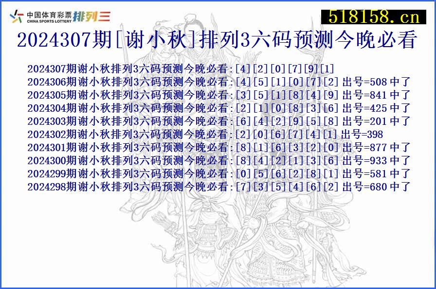 2024307期[谢小秋]排列3六码预测今晚必看