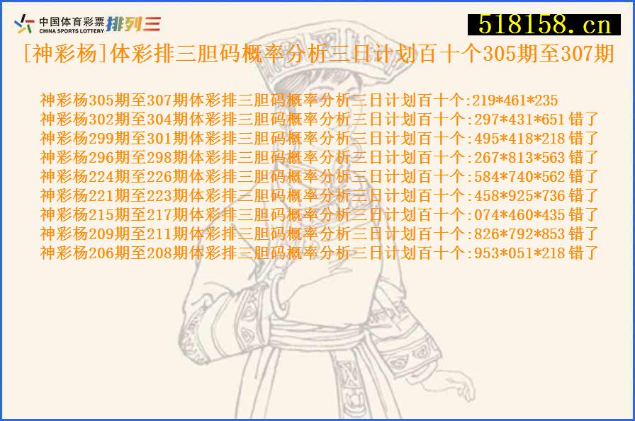 [神彩杨]体彩排三胆码概率分析三日计划百十个305期至307期