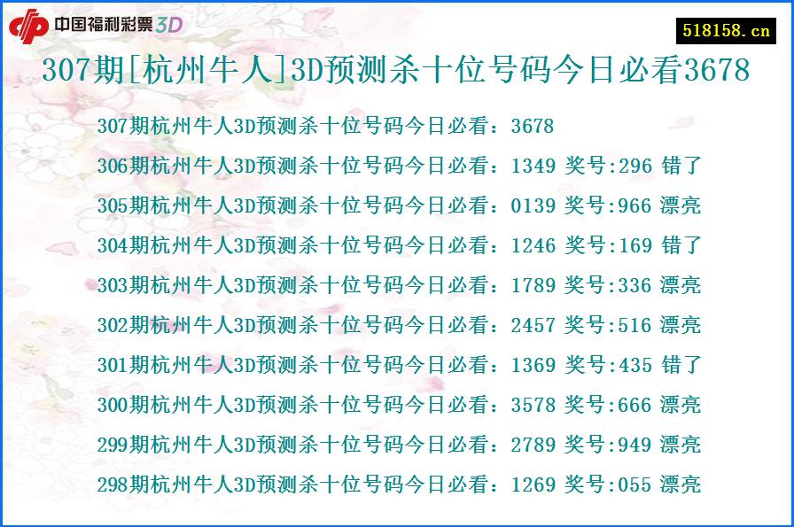 307期[杭州牛人]3D预测杀十位号码今日必看3678