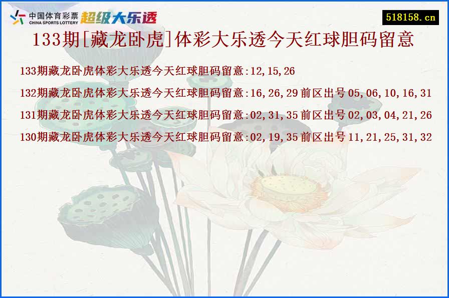 133期[藏龙卧虎]体彩大乐透今天红球胆码留意