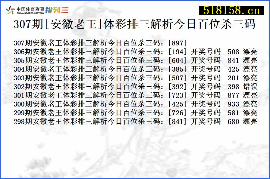 307期[安徽老王]体彩排三解析今日百位杀三码