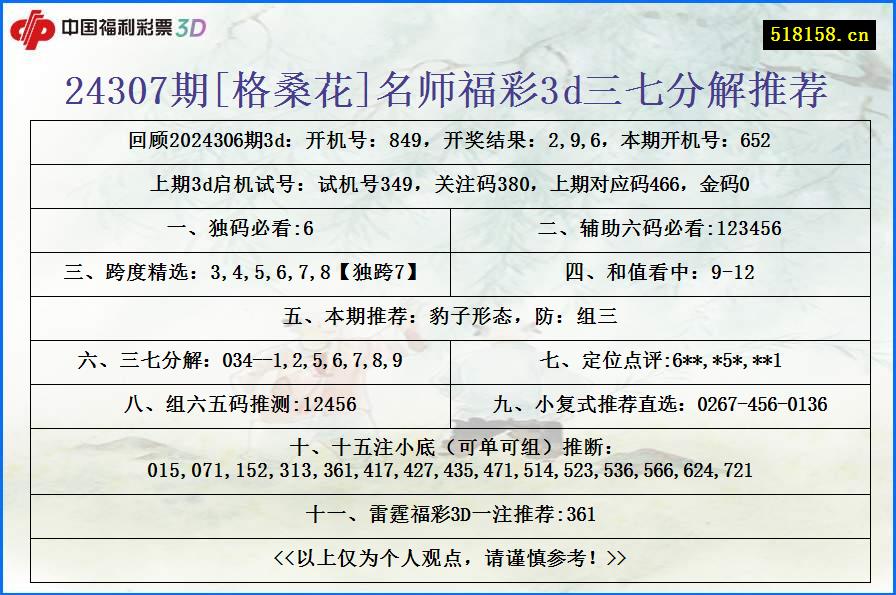 24307期[格桑花]名师福彩3d三七分解推荐