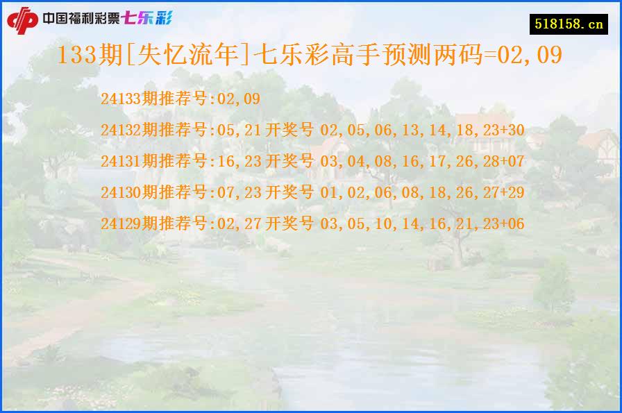 133期[失忆流年]七乐彩高手预测两码=02,09