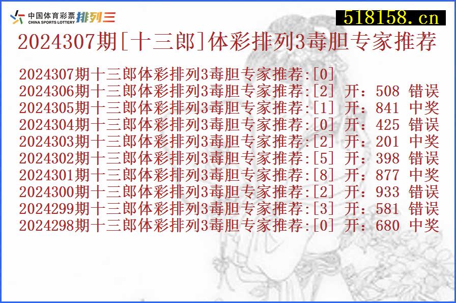 2024307期[十三郎]体彩排列3毒胆专家推荐