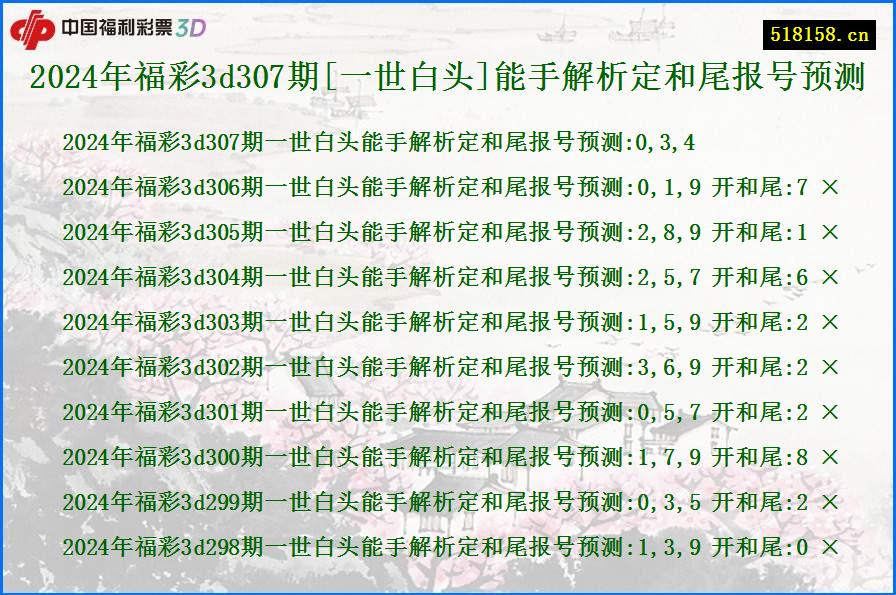 2024年福彩3d307期[一世白头]能手解析定和尾报号预测