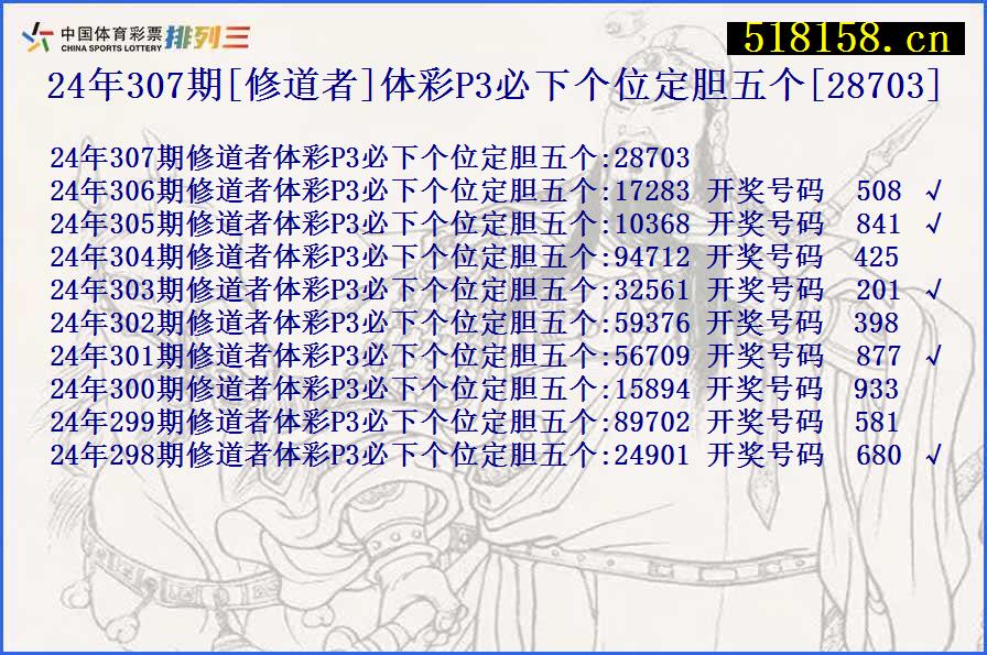 24年307期[修道者]体彩P3必下个位定胆五个[28703]