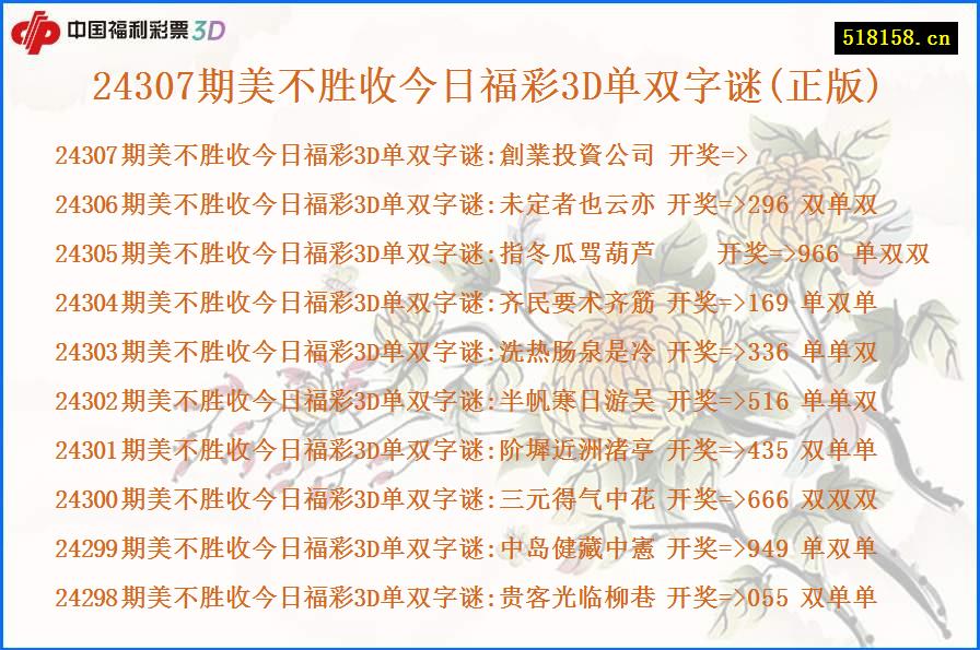 24307期美不胜收今日福彩3D单双字谜(正版)