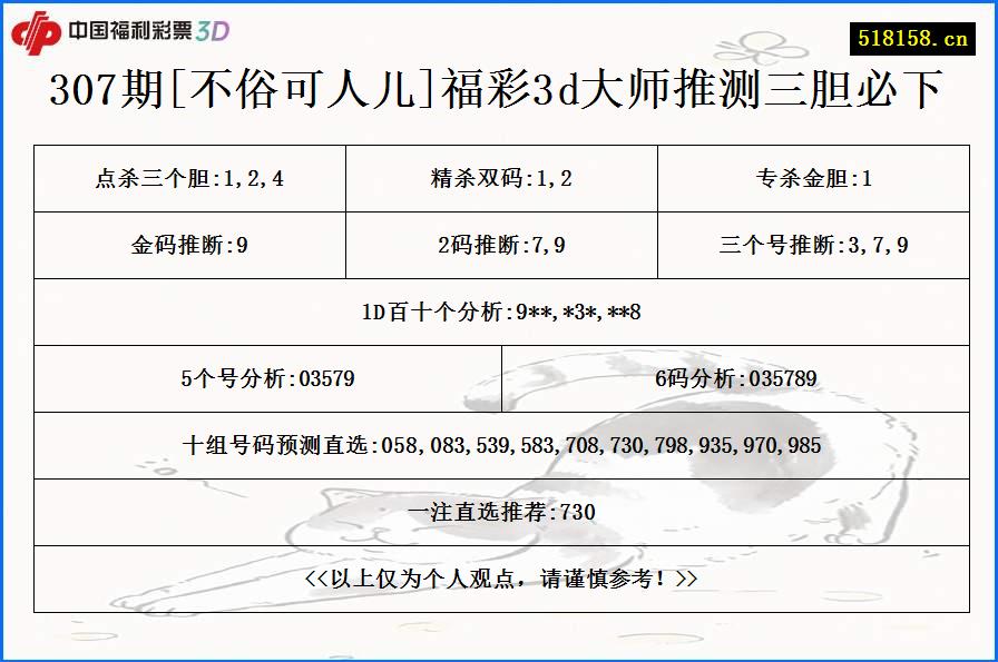 307期[不俗可人儿]福彩3d大师推测三胆必下