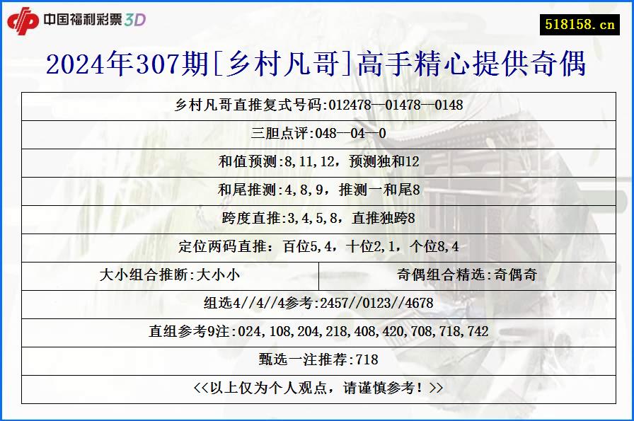 2024年307期[乡村凡哥]高手精心提供奇偶