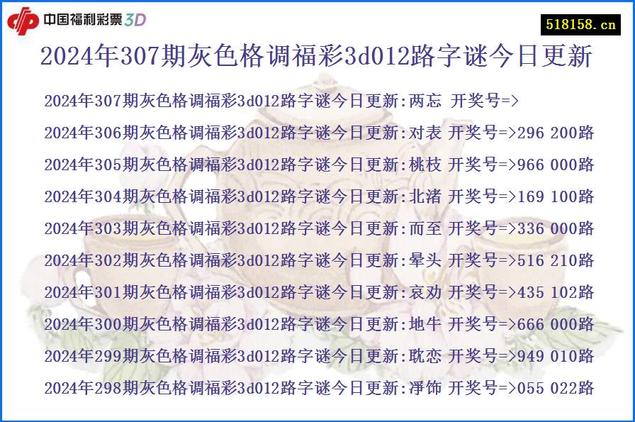 2024年307期灰色格调福彩3d012路字谜今日更新