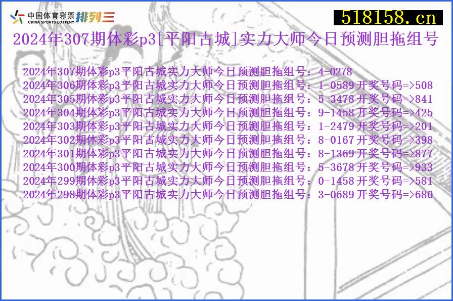 2024年307期体彩p3[平阳古城]实力大师今日预测胆拖组号