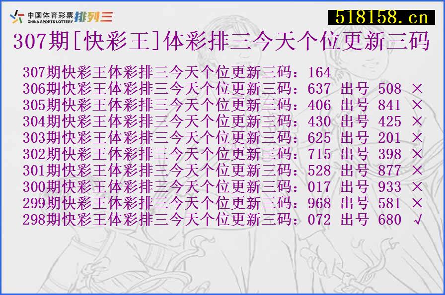 307期[快彩王]体彩排三今天个位更新三码