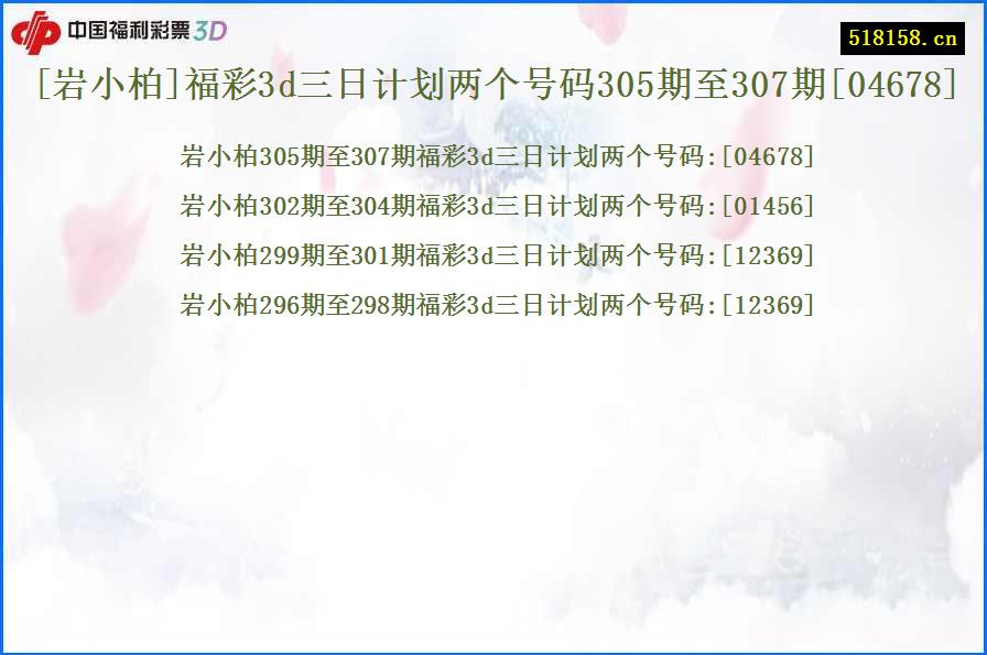 [岩小柏]福彩3d三日计划两个号码305期至307期[04678]