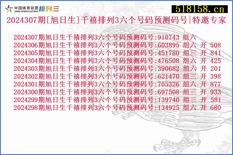 2024307期[旭日生]千禧排列3六个号码预测码号|特邀专家