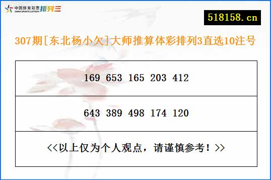 307期[东北杨小欠]大师推算体彩排列3直选10注号