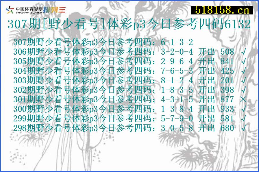 307期[野少看号]体彩p3今日参考四码6132