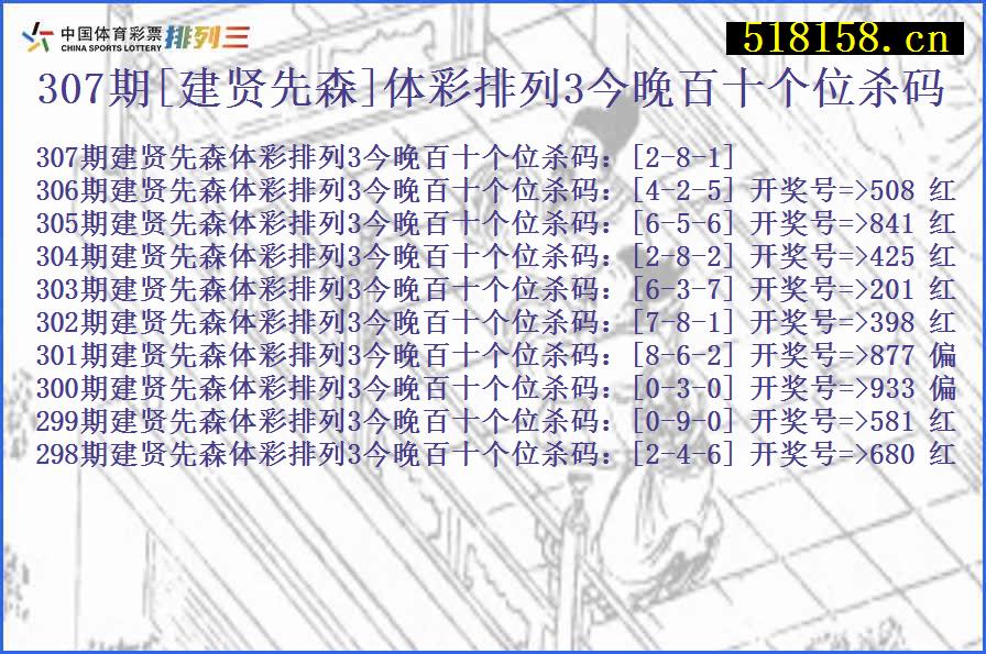 307期[建贤先森]体彩排列3今晚百十个位杀码