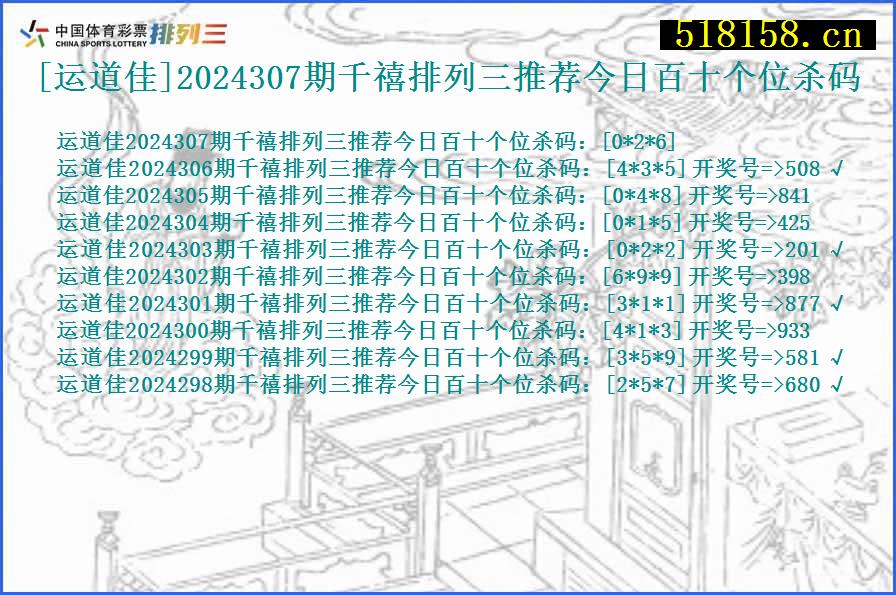 [运道佳]2024307期千禧排列三推荐今日百十个位杀码