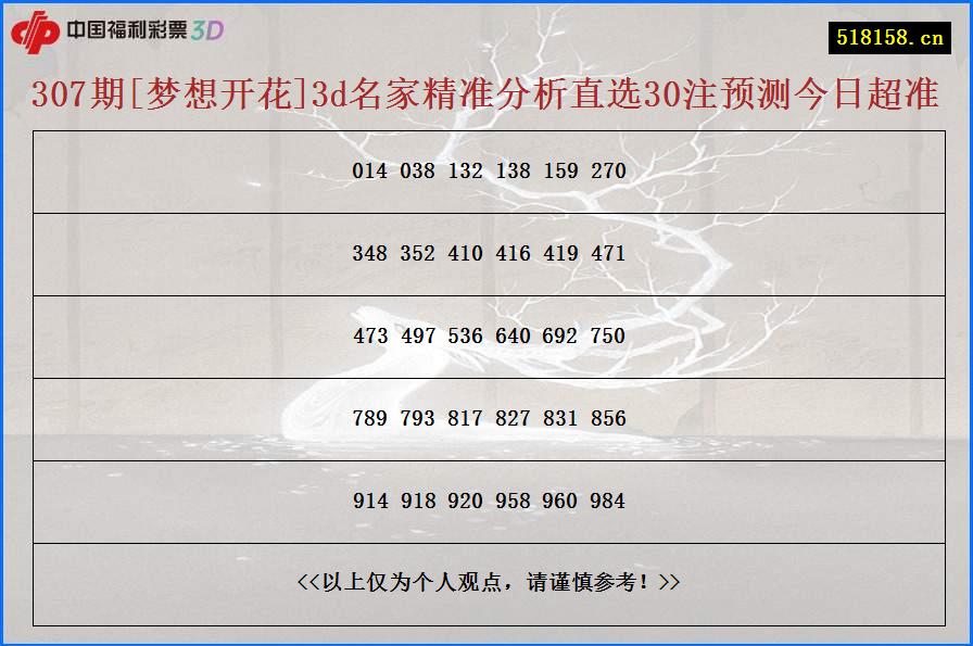 307期[梦想开花]3d名家精准分析直选30注预测今日超准