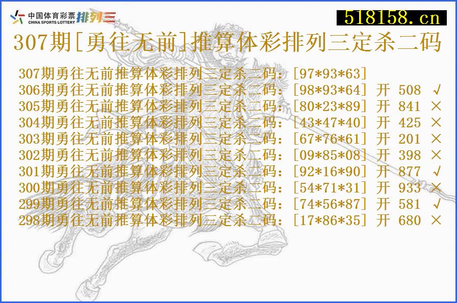 307期[勇往无前]推算体彩排列三定杀二码