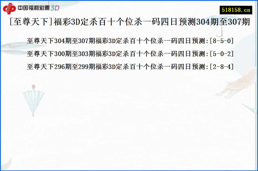 [至尊天下]福彩3D定杀百十个位杀一码四日预测304期至307期