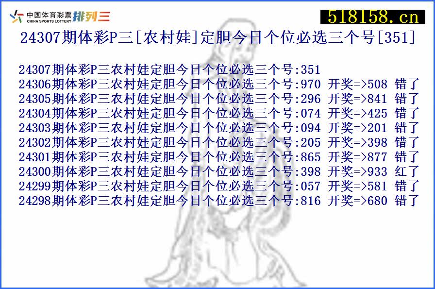 24307期体彩P三[农村娃]定胆今日个位必选三个号[351]