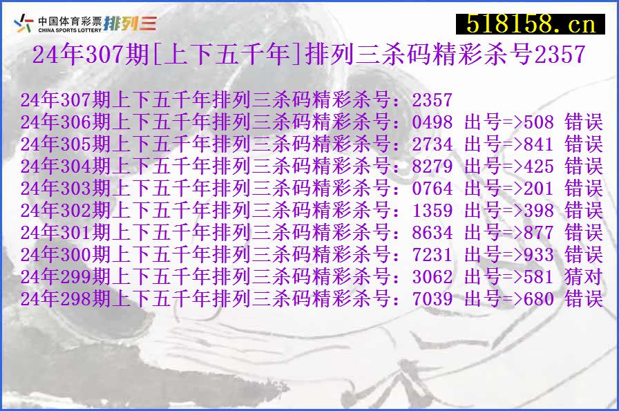 24年307期[上下五千年]排列三杀码精彩杀号2357