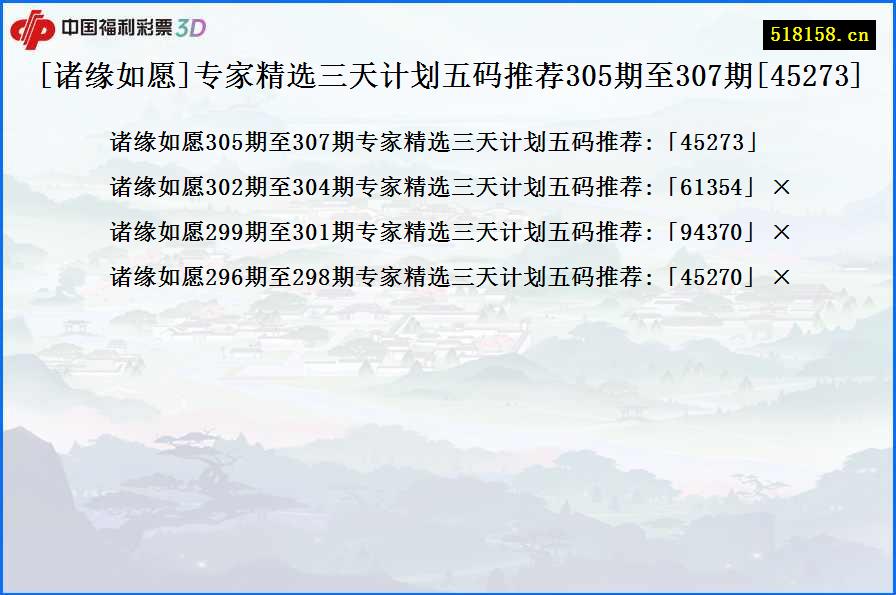 [诸缘如愿]专家精选三天计划五码推荐305期至307期[45273]