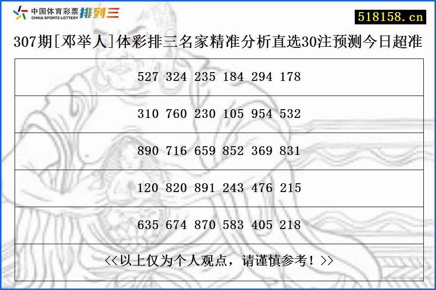 307期[邓举人]体彩排三名家精准分析直选30注预测今日超准